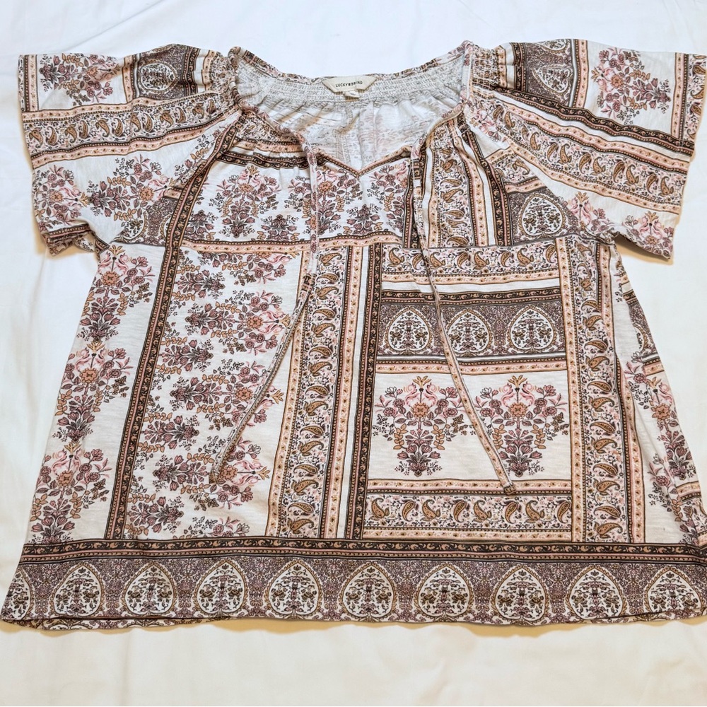 Lucky Brand Cream and Brown Boho Patchwork Peasant Top